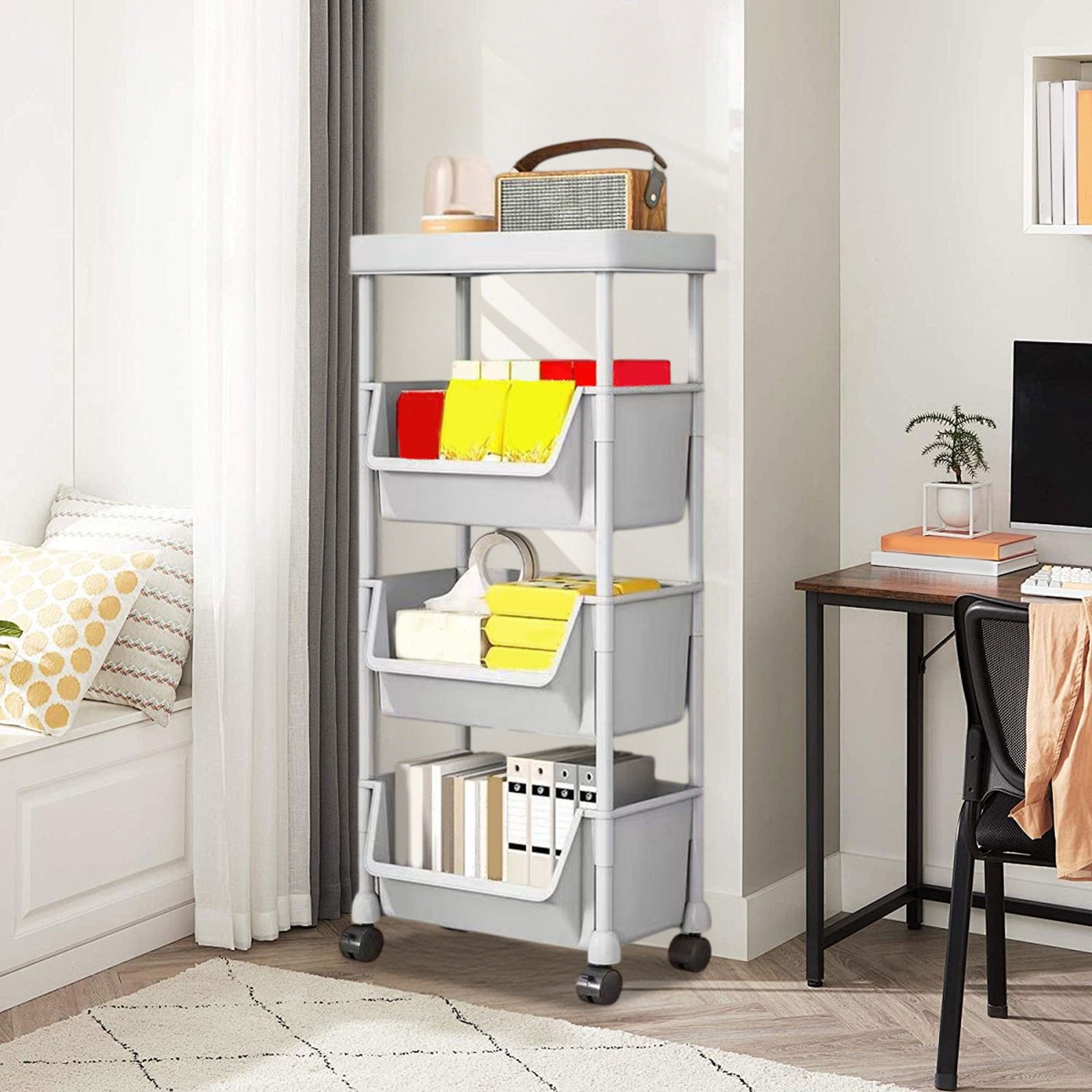YZHMYR Mobile Under-Table Storage Cart with Wheels Multi-Tier Plastic Bookcase Rolling Organizer Rack Dorm Room Book Storage Kitchen Pantry Organization for Office Home Classroom Desk Storage Supply