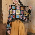 thumbnail image 5 of Hollow Out Crochet Knit Loose Sweater Long Sleeve Tassels Hem Cover Up Pullover Crop Top for Womens, 5 of 9