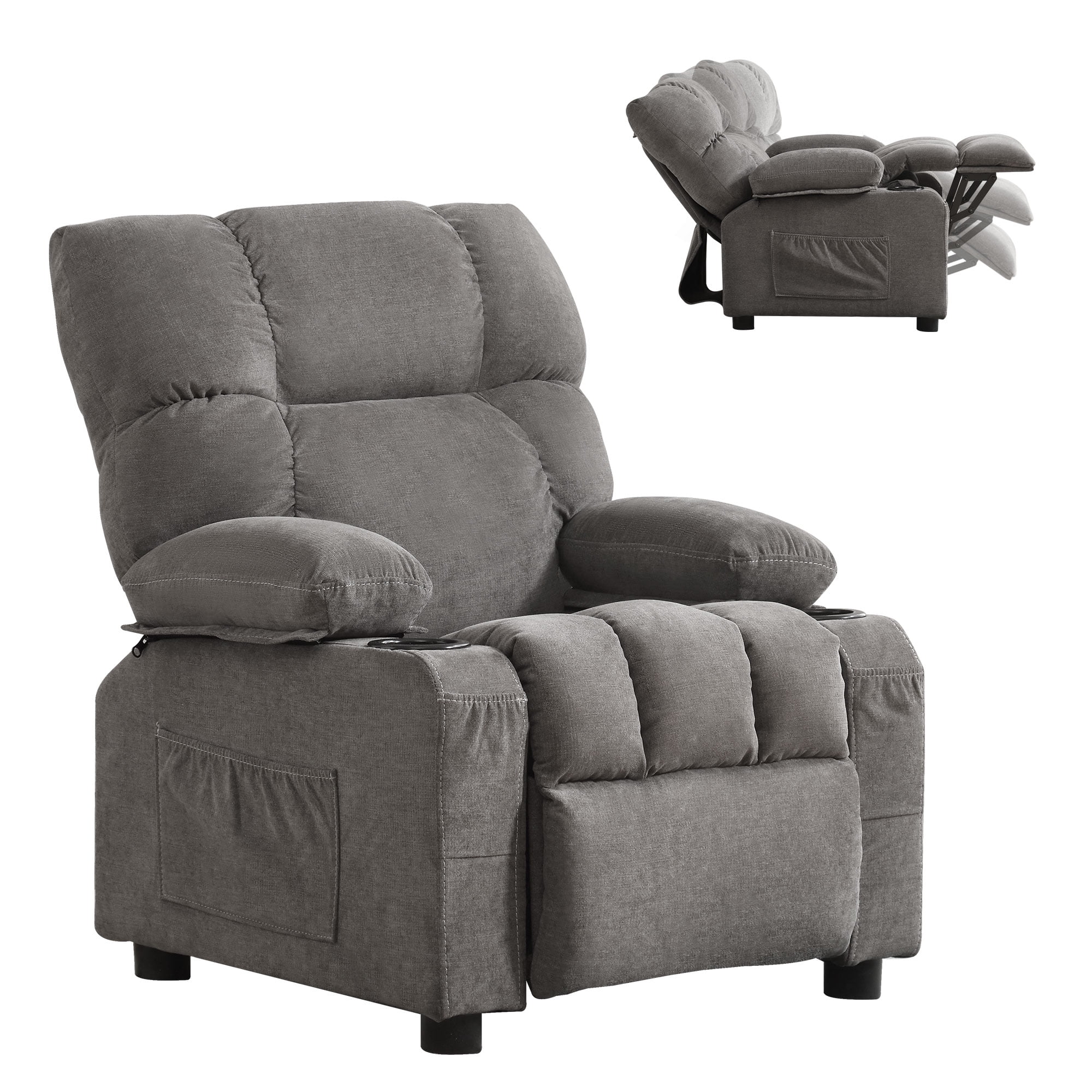 JONPONY Kids Recliner Chair,Push Back Toddler Recliner with Cup Holders & Side Pockets,Adjustable Footrest & Headrest Kids Sofa for Boys Girls 3+ Age Group, Grey