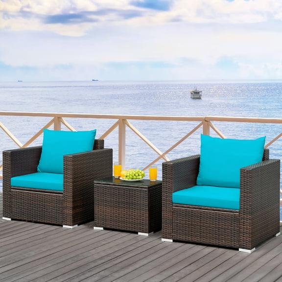 Costway 3PCS Patio Rattan Furniture Set Conversation Sofa Cushioned Turquoise