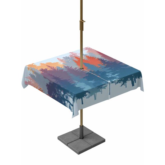 Outdoor Tablecloth with Umbrella Hole for Patio/Picnic/Party/Camping, Boho Forest Silhouette Waterproof Table Cloth Square Cover Washable, Retro Abstract Forest Trees Blue (60"x 60")