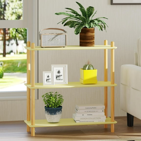 Kinsuite 3-Tier Bamboo Storage Shelf - Free Standing Storage Rack, Multifunctional Bamboo Shelving Unit, Disply Shelf for Living Room Bathroom Kitchen, Yellow