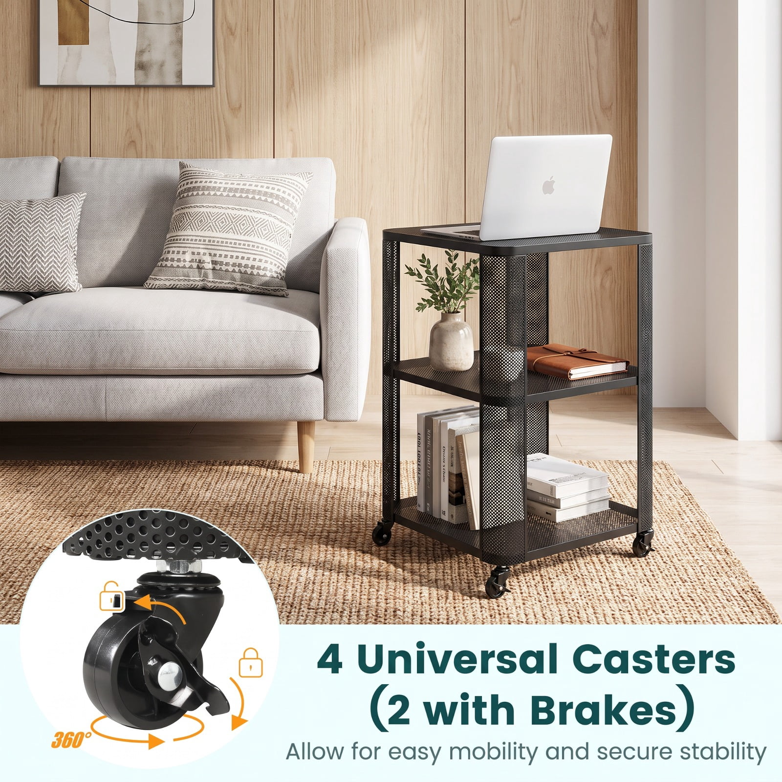 Furnibear 3 Tier Rolling End Table with Locking Casters and Metal Mesh Storage Shelves for Living Room Bedroom Apartment and Dorm, Black