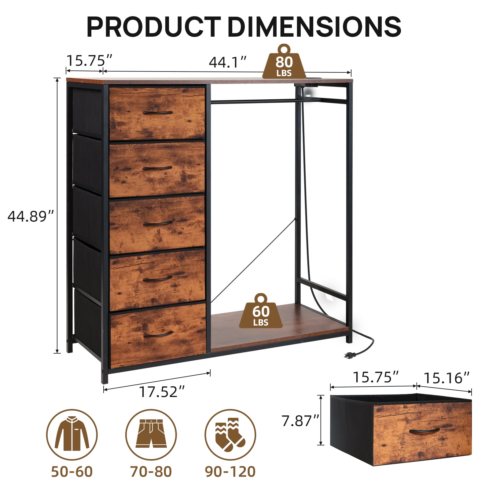 Walsport Dresser for Bedroom with Clothes Rack, 5 Drawers Dresser with Charging Station & LED Lights,Storage Chest of Drawers with Wheels, Wooden Top, Lockable Wheels, Bedroom, Closet(Brown)