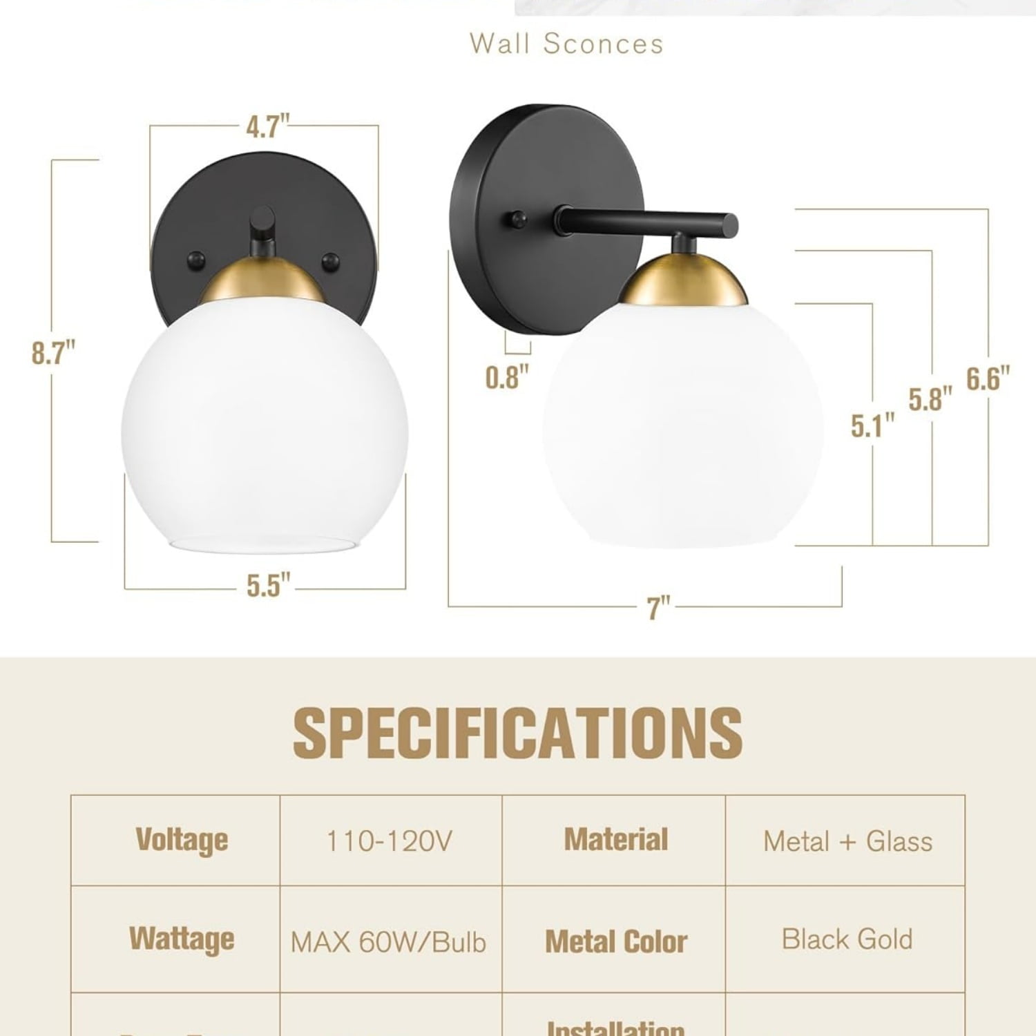 Modern Sconces Wall Decor Set of 2, Black Gold Bathroom Vanity Light with Milk Glass Shade, Globe Wall Lamp for Living Room, Pictures, Bedroom, Bathroom, Hallway