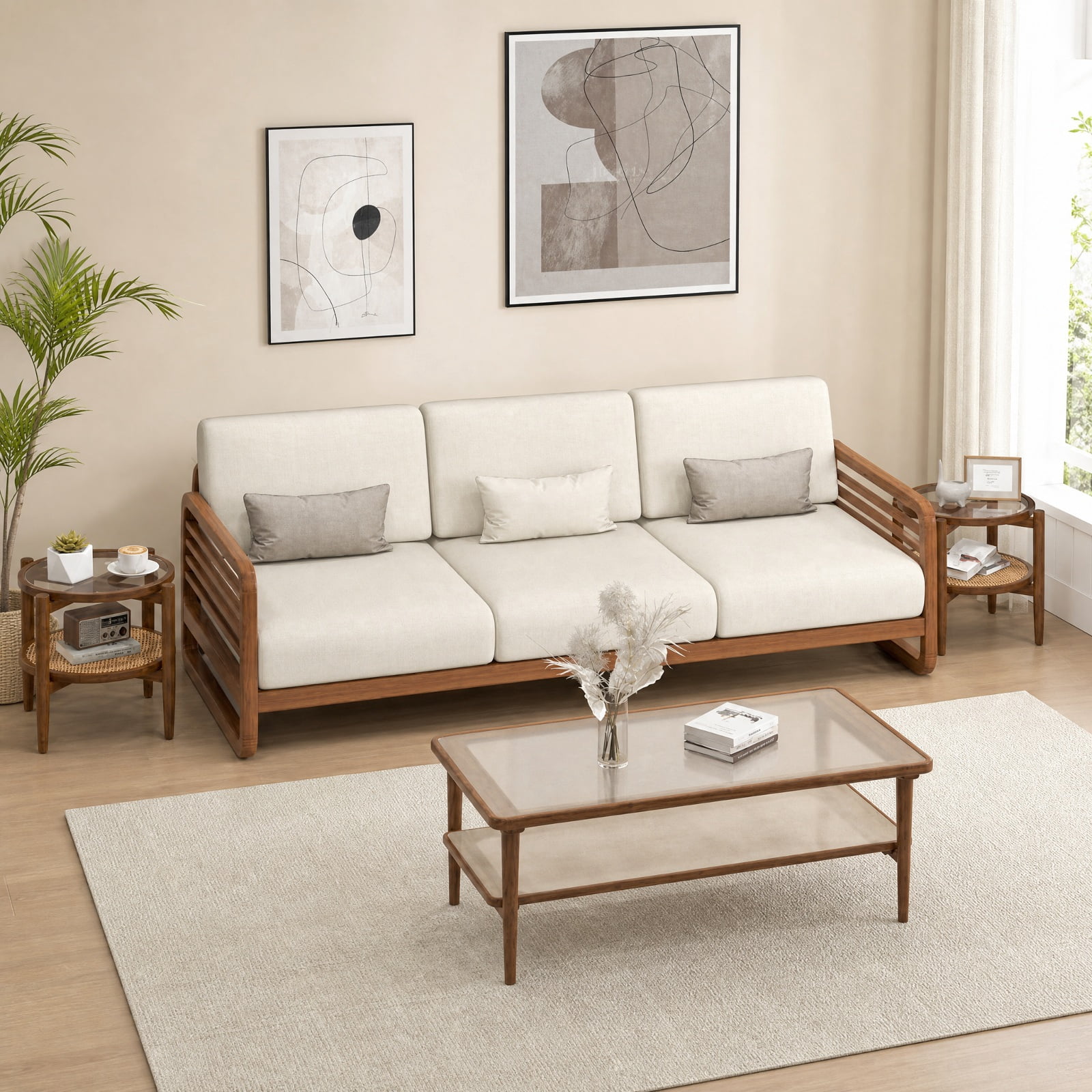 Furnibear Set of 2 Rattan Round Side End Table with Tempered Glass Top and Woven Shelf on Acacia Wood Legs for Living Room Bedroom, Walnut