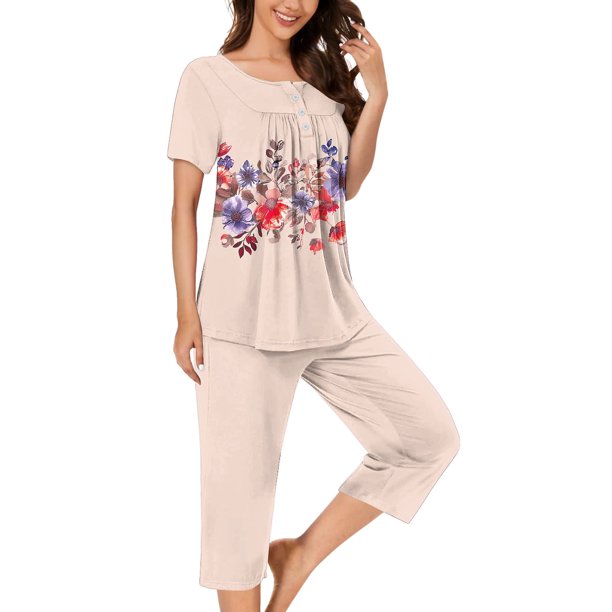 Sexy Pijama Conjunto para las Mujeres, Cuello Redondo Blusa de Manga Corta Y Pantalones, Traje de Moda Casual