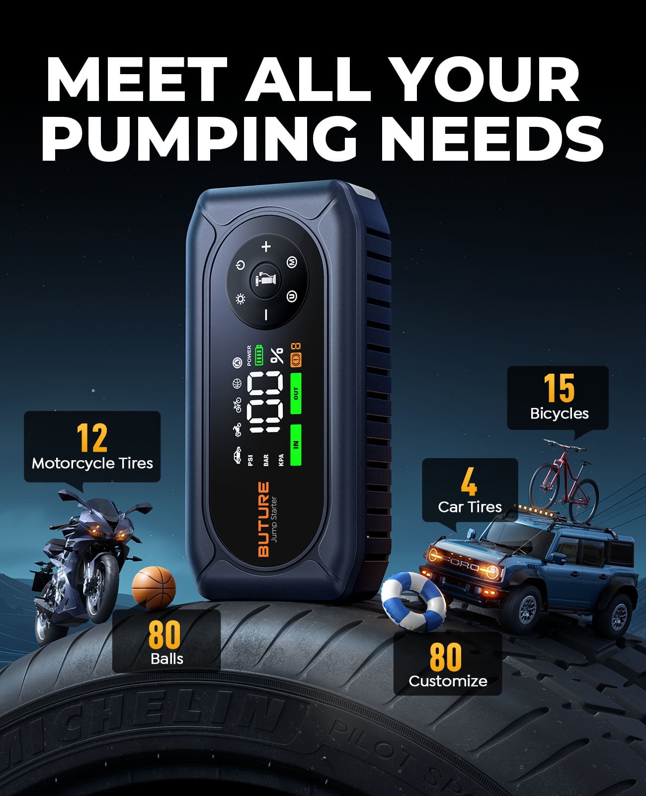 BUTURE 4500A Car Jump Starter with Air Compressor, 12V Battery Booster, Jump Box for 9.0L Gas/8.0L Diesel, 150PSI Digital Tire Inflator, Power Bank