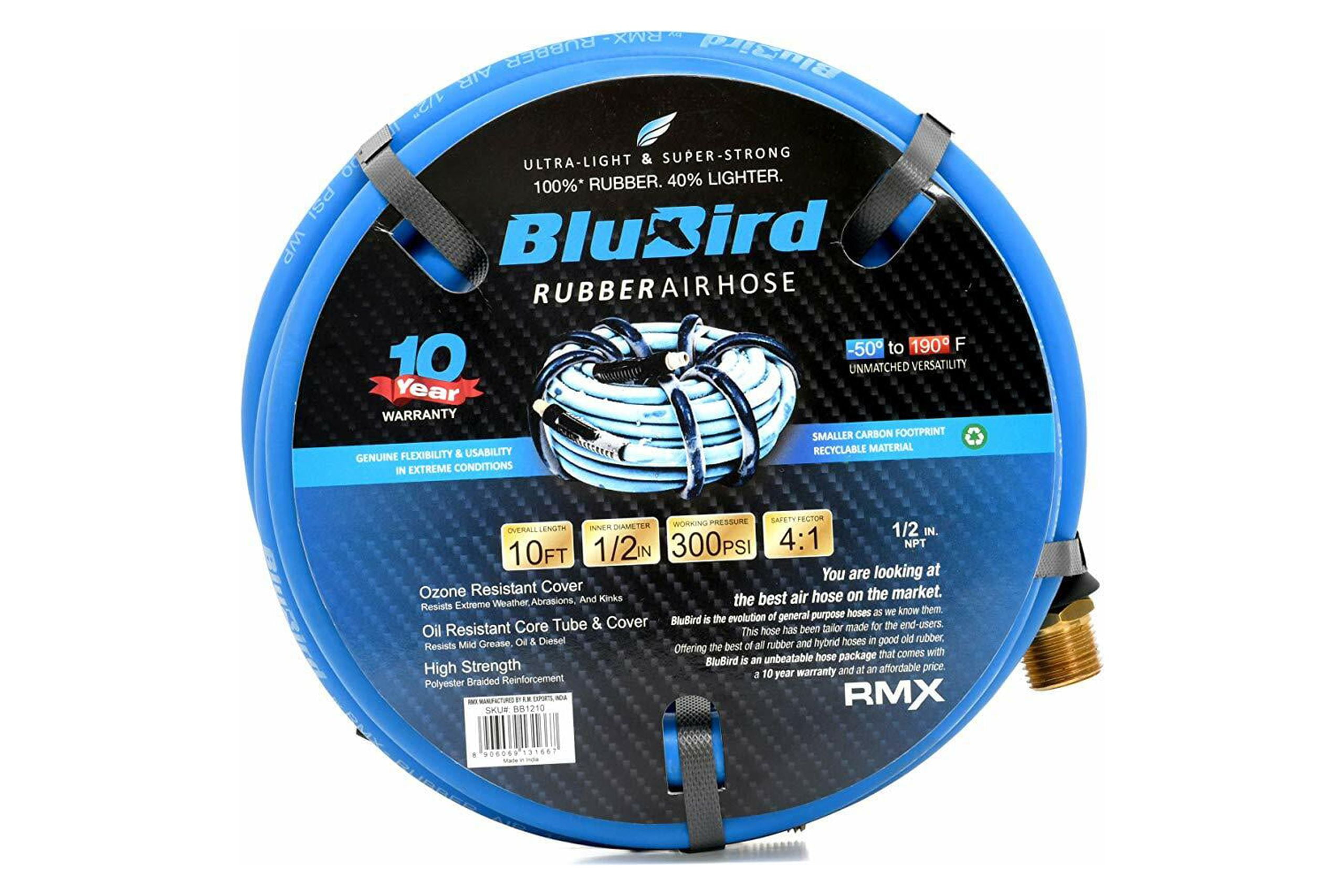 BLUBIRD: The Lightest and Strongest Rubber Air Hose 1/2" x 10' 300PSI