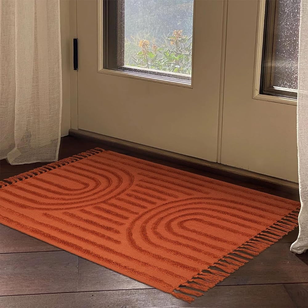 SUNDEREY Modern Rainbow Area Rug,3'x5' Washable Bedroom Rugs,Boho Terracotta Woven Floor Carpet With Tassel, Modern Farmhouse Tufted Rug For Living Dining Room Kitchen Entryway Bathroom,Red