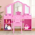 thumbnail image 3 of UHOMEPRO Kids Vanity Table with Chair Set, Princess Makeup Vanity Sets with Mirror & Storage Cabinet and Shelves, 2 In 1 Wooden Dressing Table with Drawers and Desk for Little Girls 3-8, Pink, 3 of 11