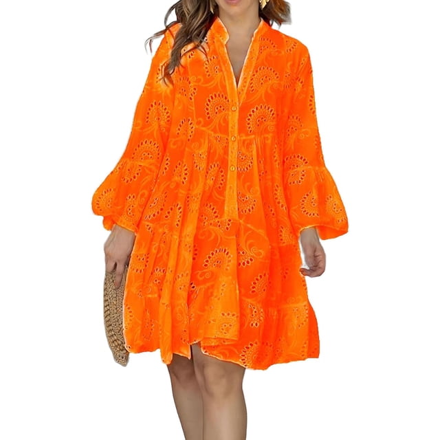 Ponmsva Robe Midi d'Été Sexy à Manches Longues Col en V Dentelle Illet Creux Plage