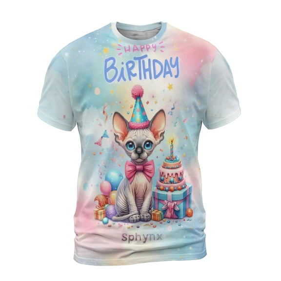 Happy Birthday Cute Kitten Sphynx with Cake Gifts Party Hat All Over Print 3D Shirt Unisex Merch Cat Lover Kitten Owner Gifts Idea - 00029