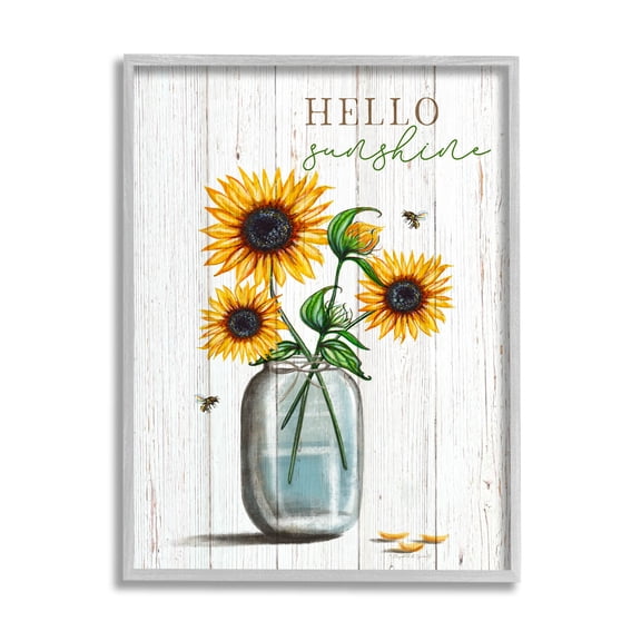 Stupell Industries Hello Sunshine Rustic Sunflower Jar Graphic Art Gray Framed Art Print Wall Art, Design by Elizabeth Tyndall