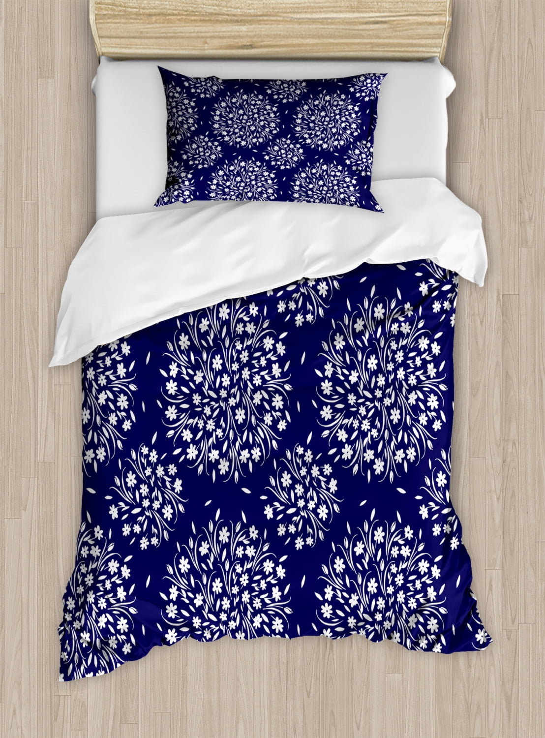 Navy and White Duvet Cover Set Twin Size, Scroll Pattern with Little