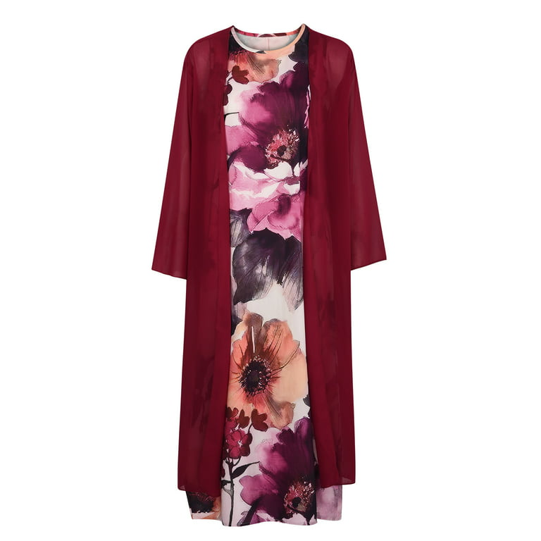 cllios Two Piece Dress for Women Plain Chiffon Cardigan Floral Print O-Neck  Maxi Dresses Sleeveless Flowy Tank Dress Set 
