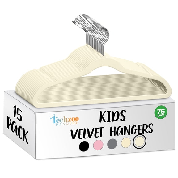 Techzoo Premium Kids Velvet Hangers 15 Pack – 14" Non Slip Felt Cloth Hangers for Closet – Ultra Slim, Space Saving Kids Clothes Hangers with 360° Swivel Hook, Toddler Children Kids Hangers – Ivory