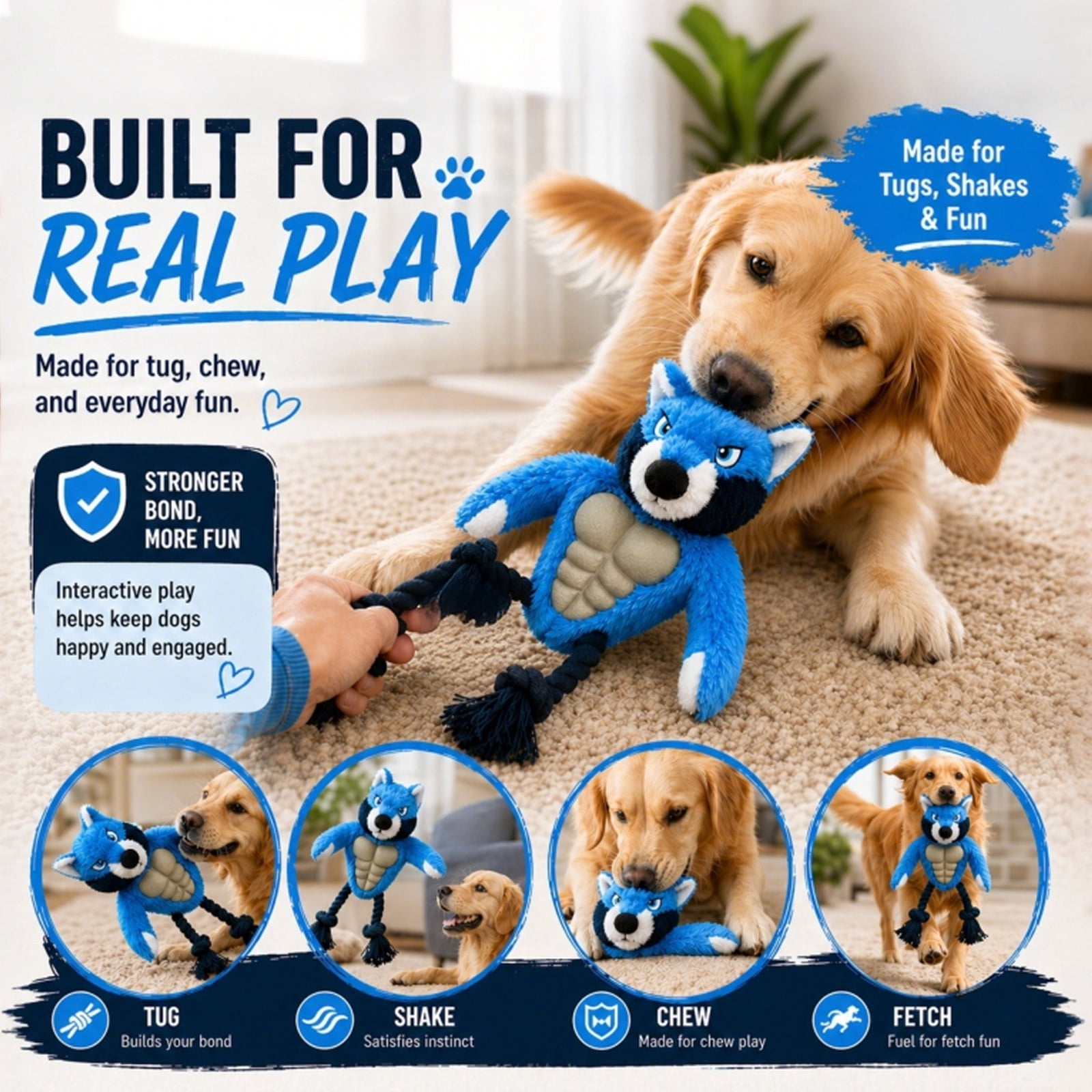 Calibonbon Wolf Rope & Plush Dog Toy with Squeaker, Interactive Tug Toy for Medium to Large Dogs, Multi-Texture Toy for Tug, Toss & Supervised Play