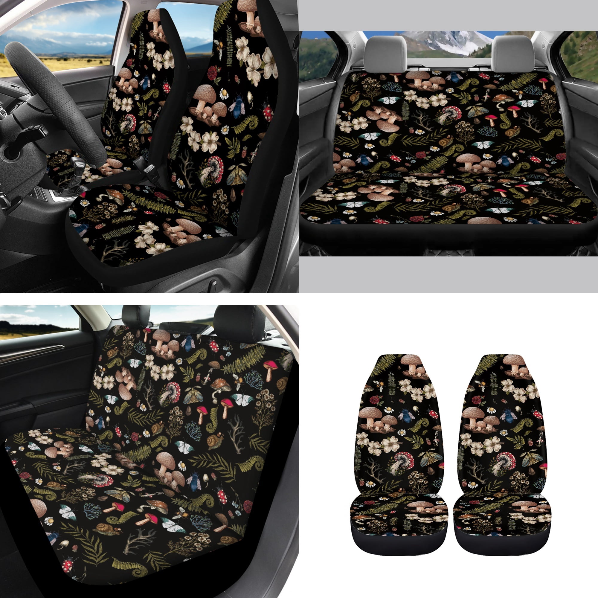 Jeiento Aesthetic Mushroom Car Seat Covers Full Sets of 14, Steering Wheel Cover Seat Belt Pad Car Garbage Can Coaster Car Armrest Cover Gear Shift Cover Rearview Mirror Cover Auto Accessory