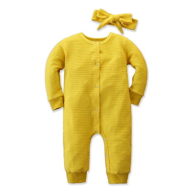 Gaono Baby Boys Girls Cotton Jumpsuit Toddler Long Sleeve Solid Color Romper With Headband Autumn Winter Button Up Outfit Walmart Com Walmart Com