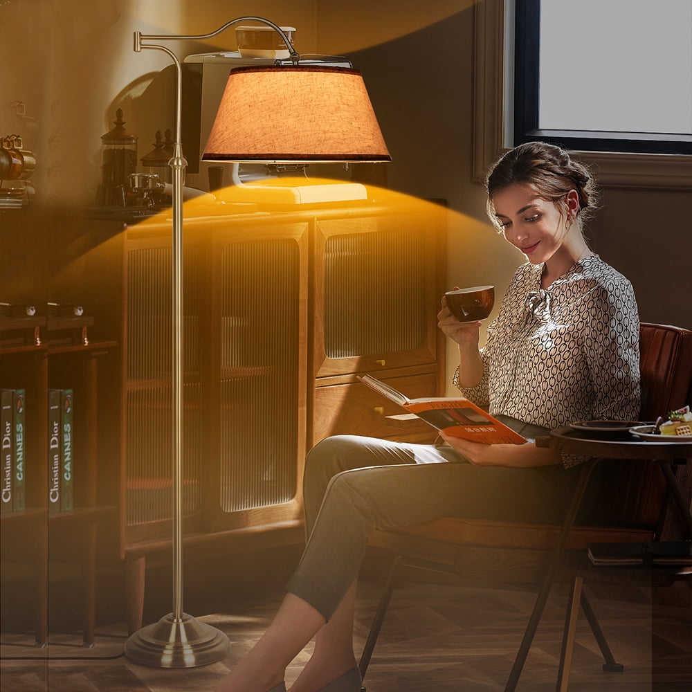 HonoDing Cantilever Floor Lamp, Standing Chandelier Floor Lamp with 180° Adjustable Swing Arm, Modern Floor Lamps with Linen Shade,Classic Lamp for Living Room Office Bedroom Reading(Bronze)