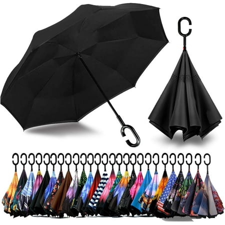 49 inch inverted reverse upside down umbrella extra large double canopy vented windproof waterproof stick umbrellas with c-shape handle.