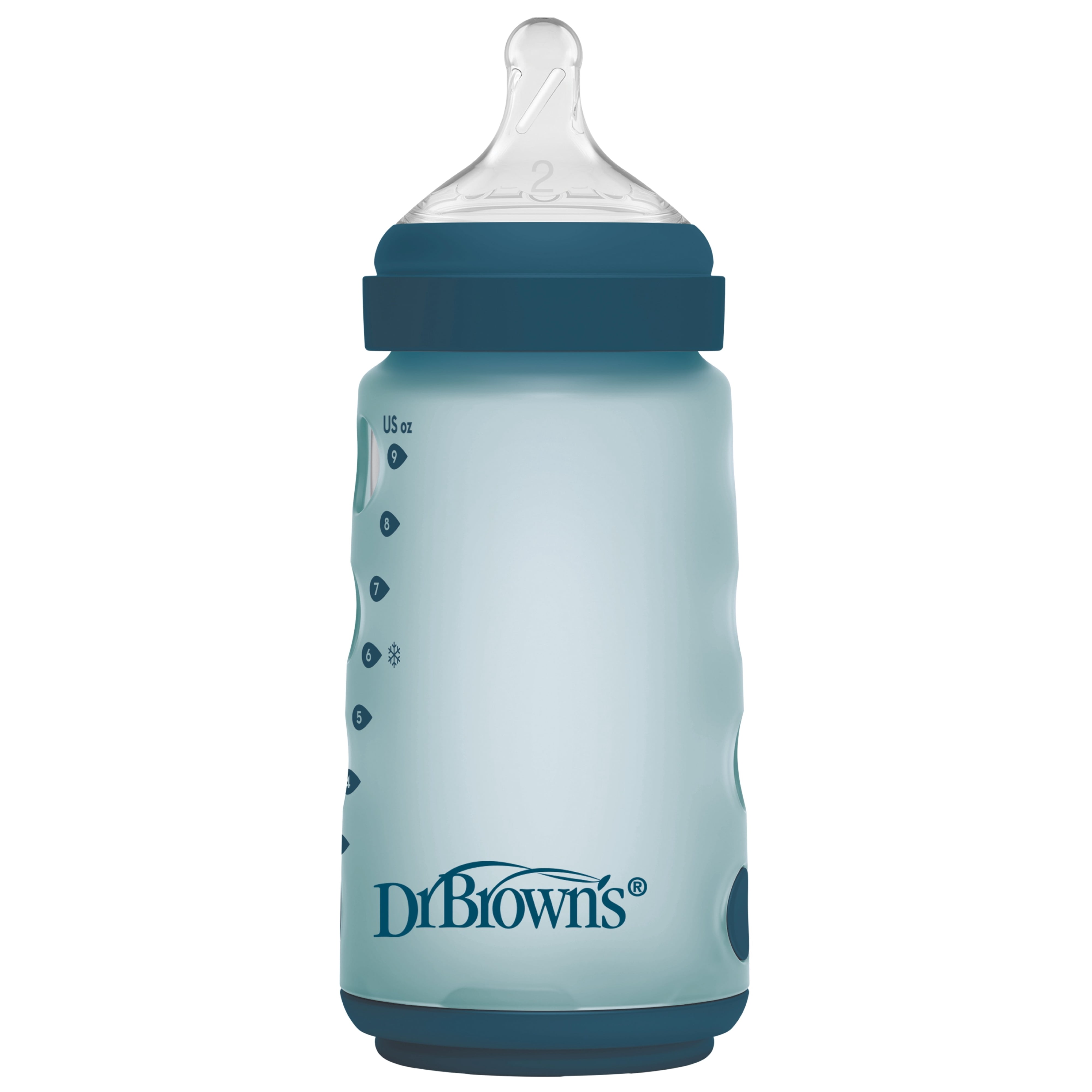 Dr. Brown's Silicone Baby Bottle with Collapsible Insert Designed to Reduce Colic, 9 oz with Wide-Neck Level 2 Medium Flow Nipple, BPA-Free, 3m+, Blue, 1-Pack