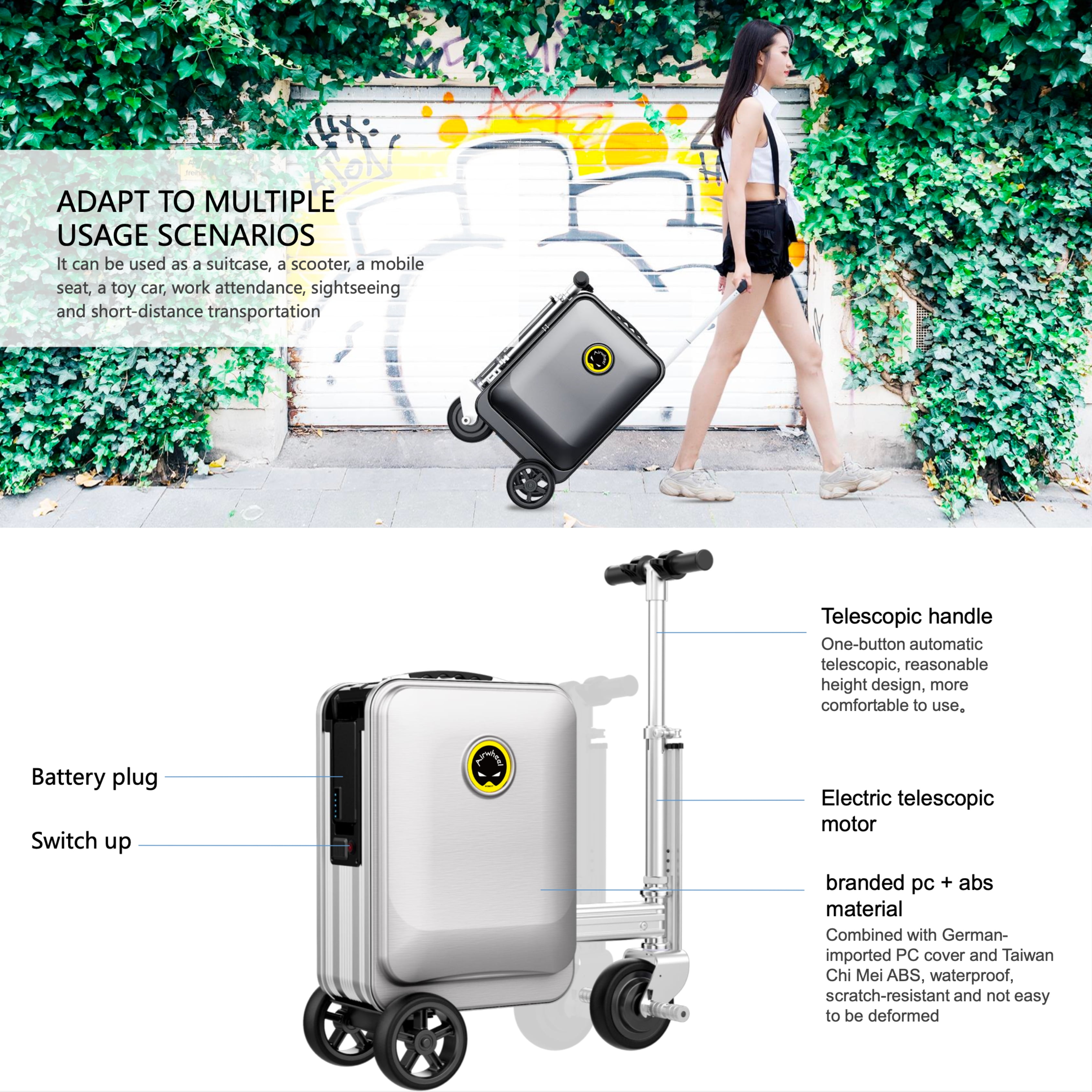 Airwheel SE3S Electric Mini Smart Silver Scooter Luggage 20 Inch Riding  Suitcase