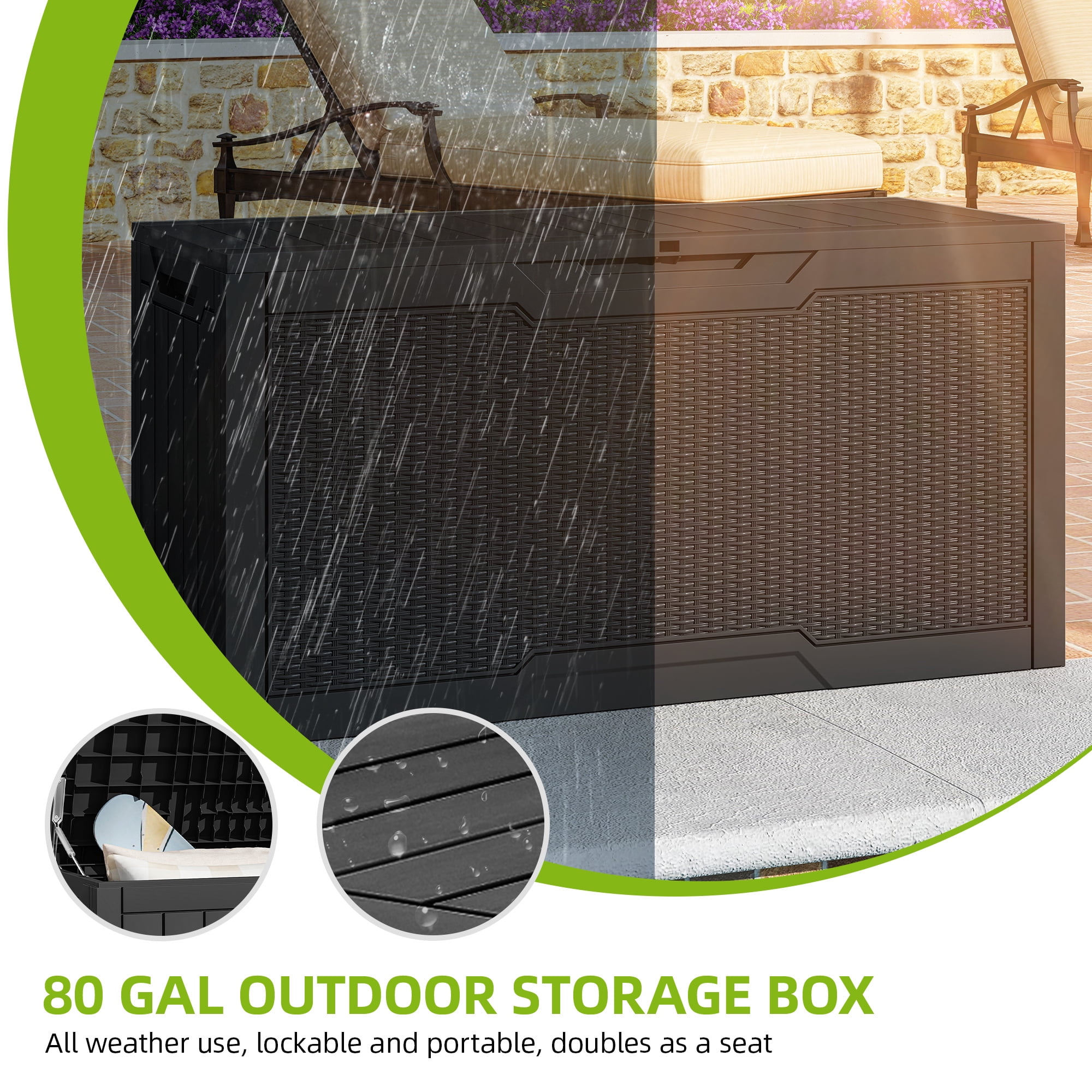 Uforic 80 Gallon Resin Outdoor Storage Deck Box, Weather Resistant Rattan Pattern Lockable Storage Bin for Patio Garden Backyard Home Essentials, Black