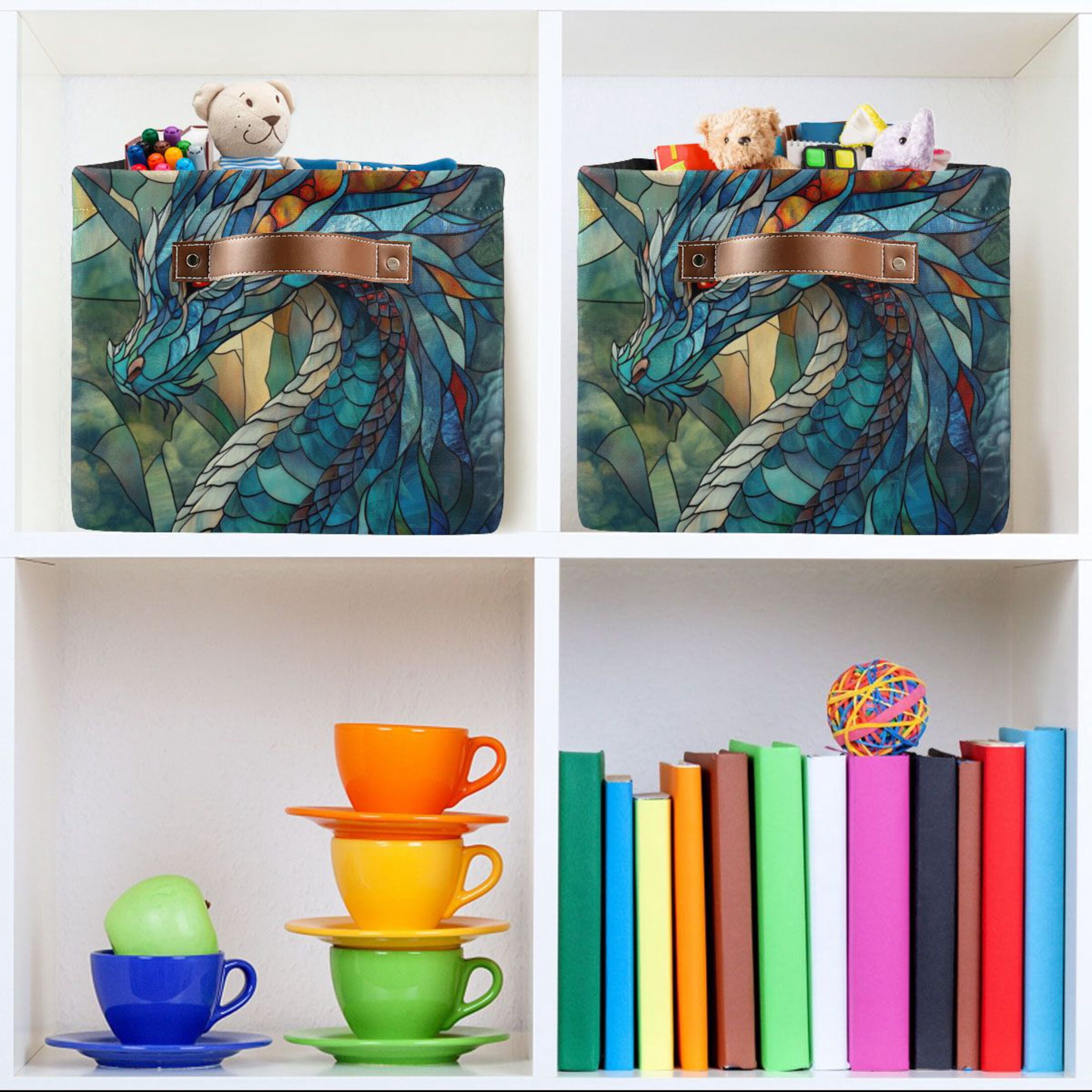 Stained Glass Dragon Foldable Storage Basket,Canvas Fabric Foldable Storage Bins with Handles Open Home Storage Bins Boxes for Toy Book Shelf Closet Baskets