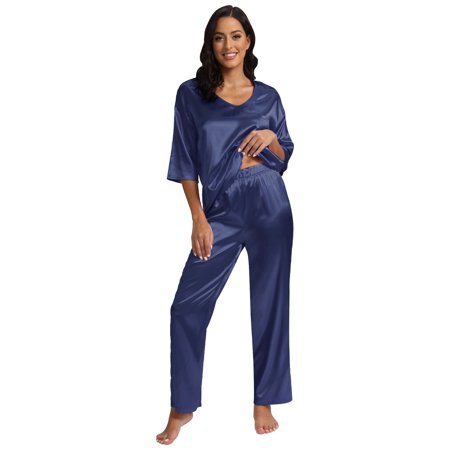 

Pretty Comy Womens Silk Satin Pajamas Loungewear Two-piece Sleepwear Button-Down Pj Set