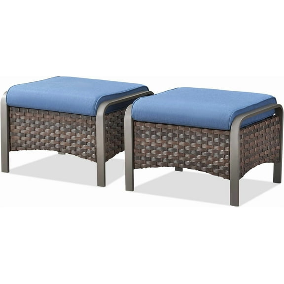 Outdoor Ottomans for Patio - 250 LBS Weight Capacity PE Wicker Foot Rest Ottoman Set of 2 with Metal Frame Multipurpose Outdoor Foot Stool for Porch Balcony Backyard