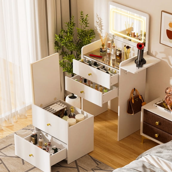 COMHOMA Small Vanity Desk with Mirror and Lights, 3 in 1 Makeup Table Set, Glass Top, Storage Stool, White