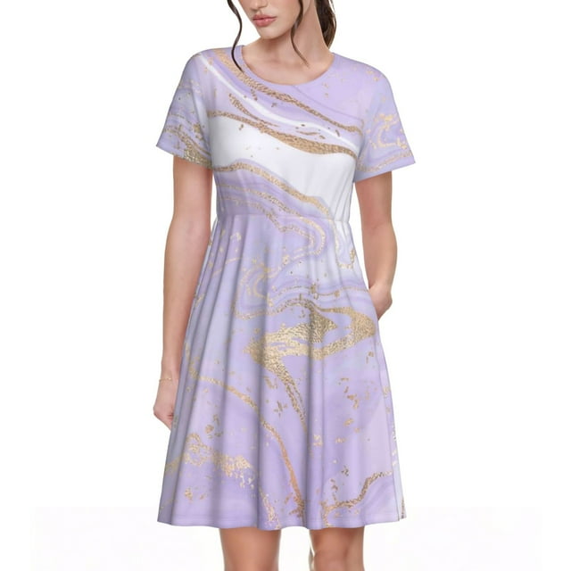 Fotbe Lavender Glitter Foil Stripes Vestido Largo de Moda para Mujer, Vestido Tipo Camiseta con Manga Corta y Estilo Casual a Rayas y Bloques de Color