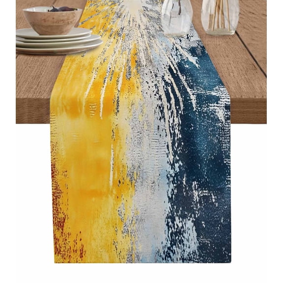 Blue Yellow Abstract Art Table Runner 60 Inches, Modern Art Bed Runner Dresser Scarves Tabletop for Indoor Outdoor Parties/Ceremony/Banquet, 13" x 60"