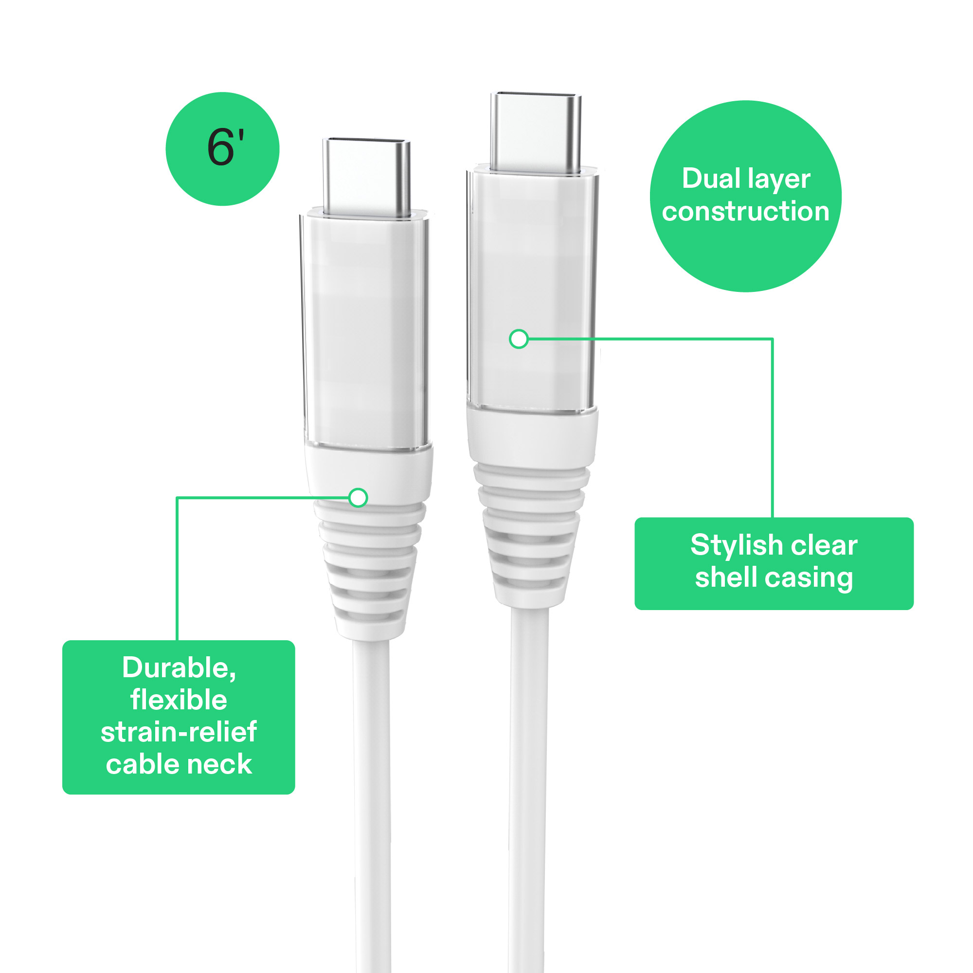 Cable de carga onn de 6 pies USB-C a USB-C, carga rápida, certificado USB-IF, compatible con iPhone 16 y 15, iPad Pro, Samsung Galaxy, Note, Pixel y más - Blanco 2