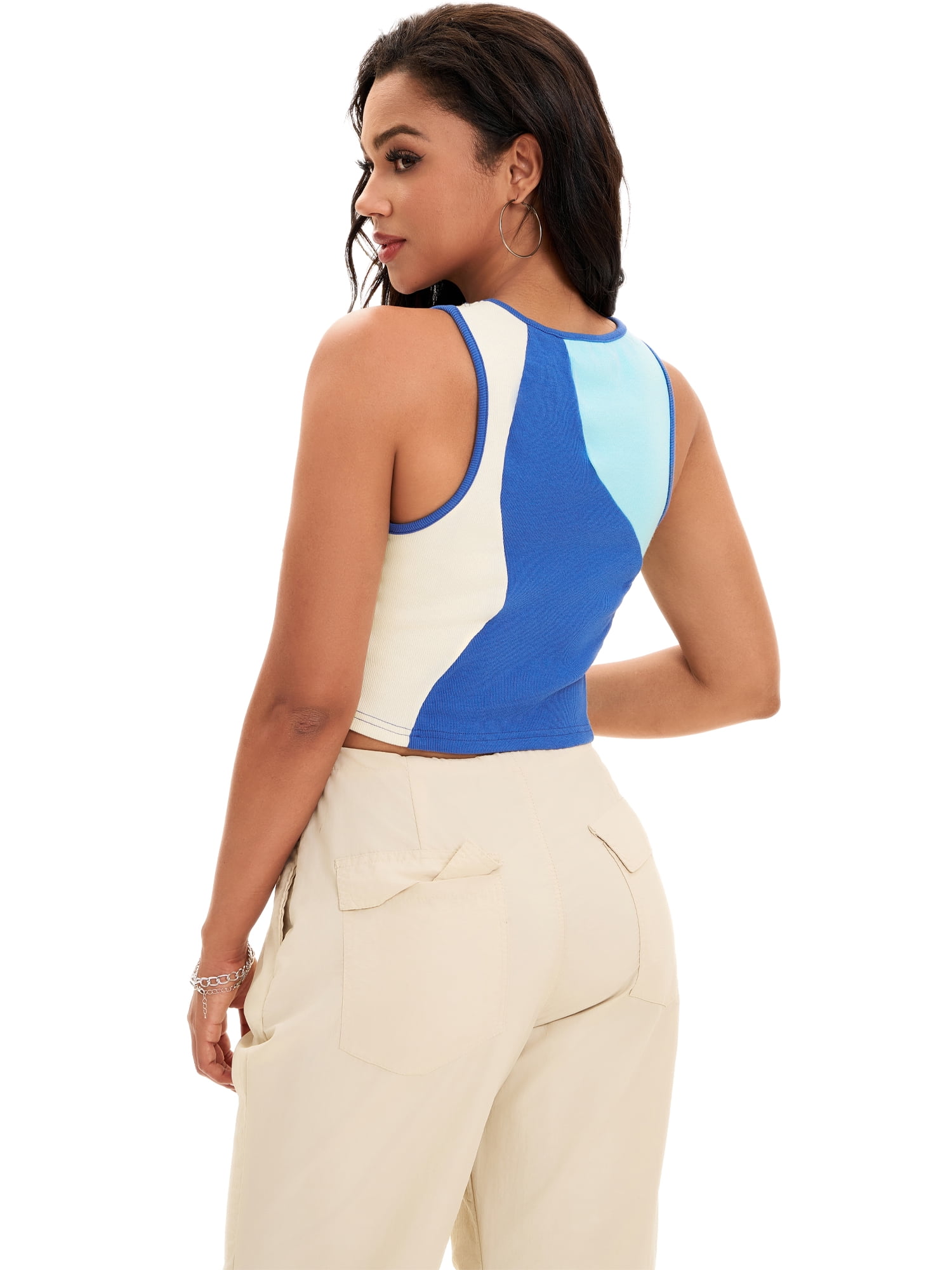 DARING DIVA Women's Color Block Ribbed Sleeveless Crop Tank Tops L Blue