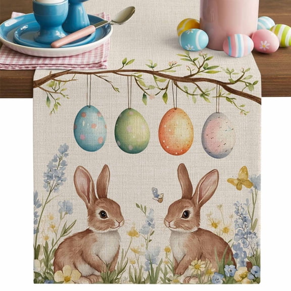 Easter Bunny Table Runner, Easter Eggs Cotton Linen Kitchen Table Decoration Washable Dining Tabletop Runners for Home Party Decor 13x36 Inches