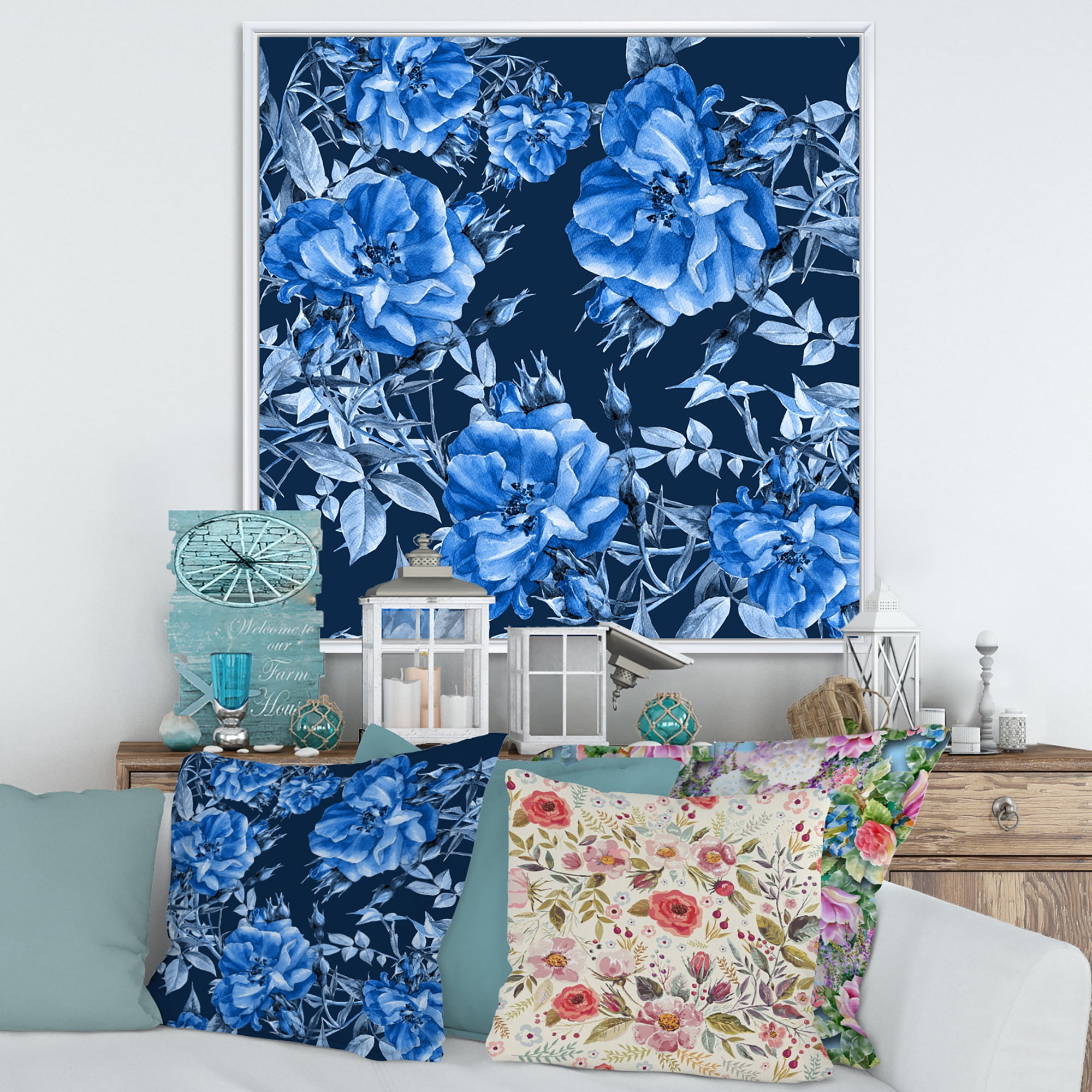 Abstract Blue Wildflowers 36 in x 36 in Framed Painting Canvas Art Print, by Designart