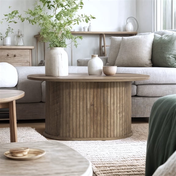 STYLIVIA Fluted Oblong Coffee Table Modern Pedestal Base Knotty Oak 31" W x 21.7" D x 14.9" H