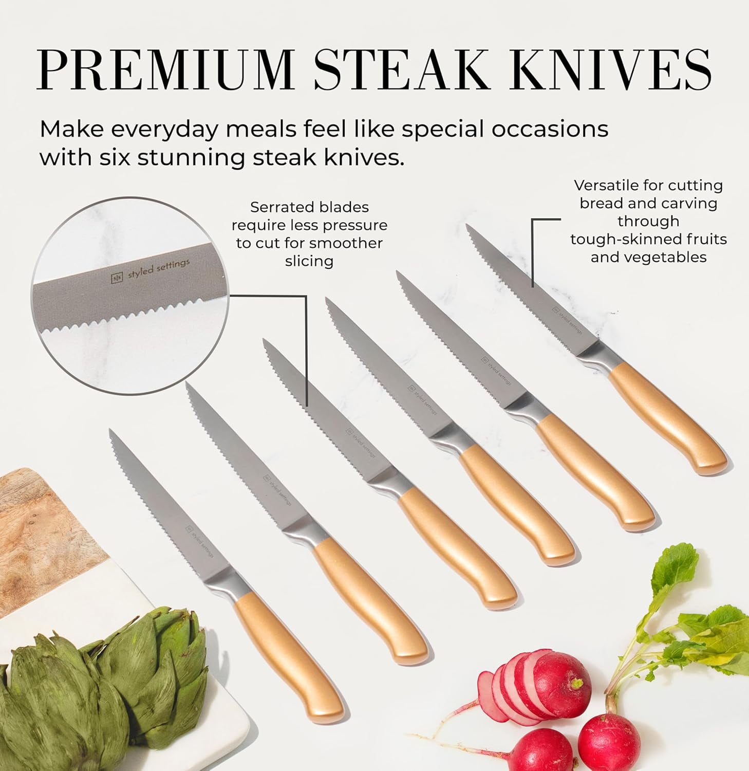 Styled Settings Gold Kitchen Knives & Cutlery Set, Black and Gold, 14-Piece