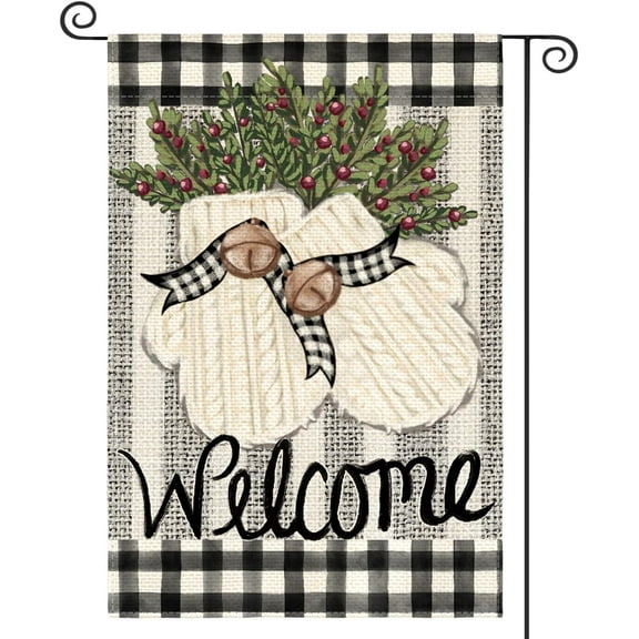 diyeu Gloves Holly Welcome Winter Garden Flag 12x18 Inch Double Sided, Buffalo Plaid Rustic Seasonal Yard Outdoor Decorative Flag