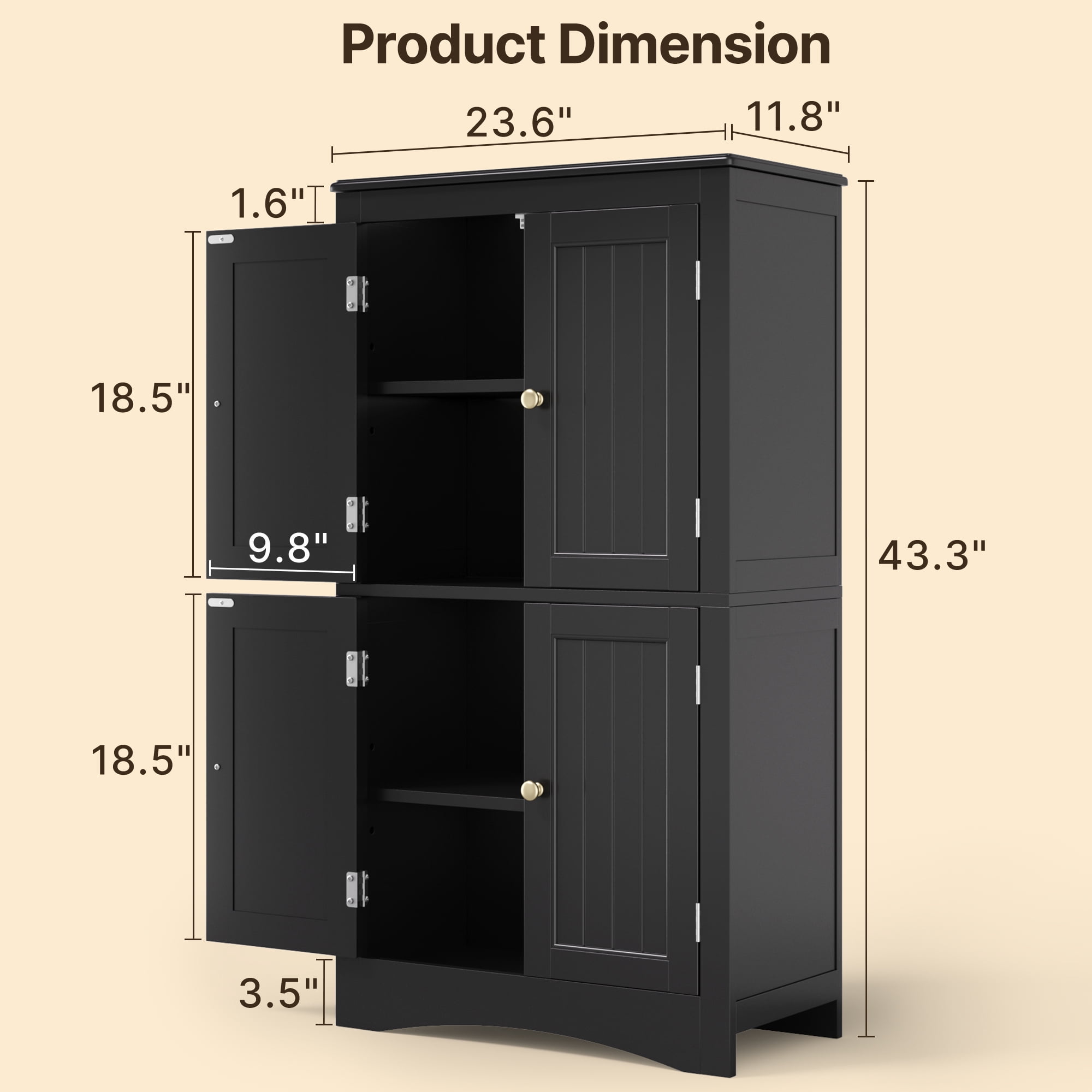 43" Kitchen Pantry Cabinet, Asofer Bathroom Storage Cabinet with Adjustable Shelves and 4 Magnetic Doors, Floor Cabinet for Kitchen, Living Room,Black