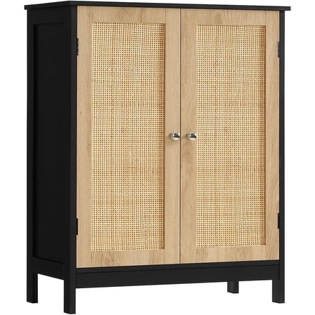 Storage Cabinet with Rattan Doors, Bathroom Storage Cabinet with Adjustable Shelf, Floor Cabinet for Living Room, Entryway, Kitchen, Home Office, Black