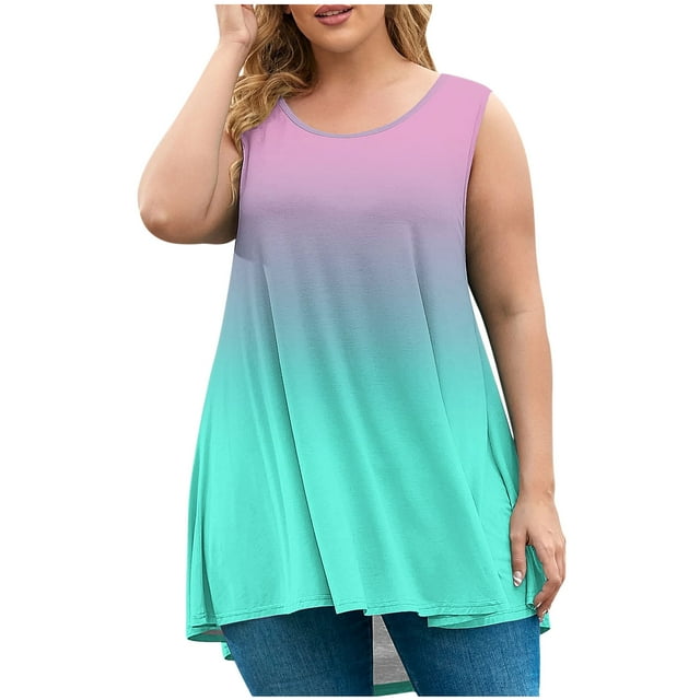 ohmzyzo Women's Plus Size Tank Tops Crew Neck Comfy Oversized Sleeveless Flowy Tops Trendy Casual Summer Basic Tees