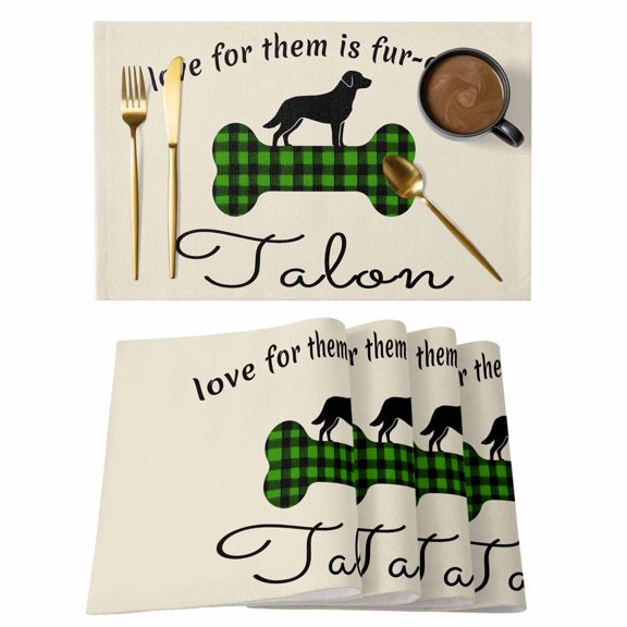 Green Black Buffalo Checkered Placemats Set of 6, Bones Cute Dogs Pets Placemats for Dining Table, Place Mats for Kitchen Tabletop, Waterproof Wipeable Dining Table Mats Set