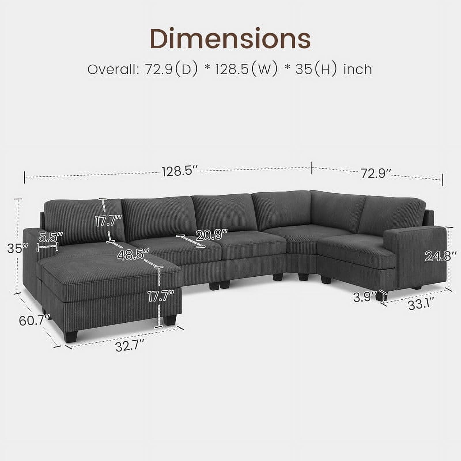 Honbay Modular Sectional Sleeper Sofa Bed Corduroy Convertible 6-Seater with Storage Chaises, Dark Grey