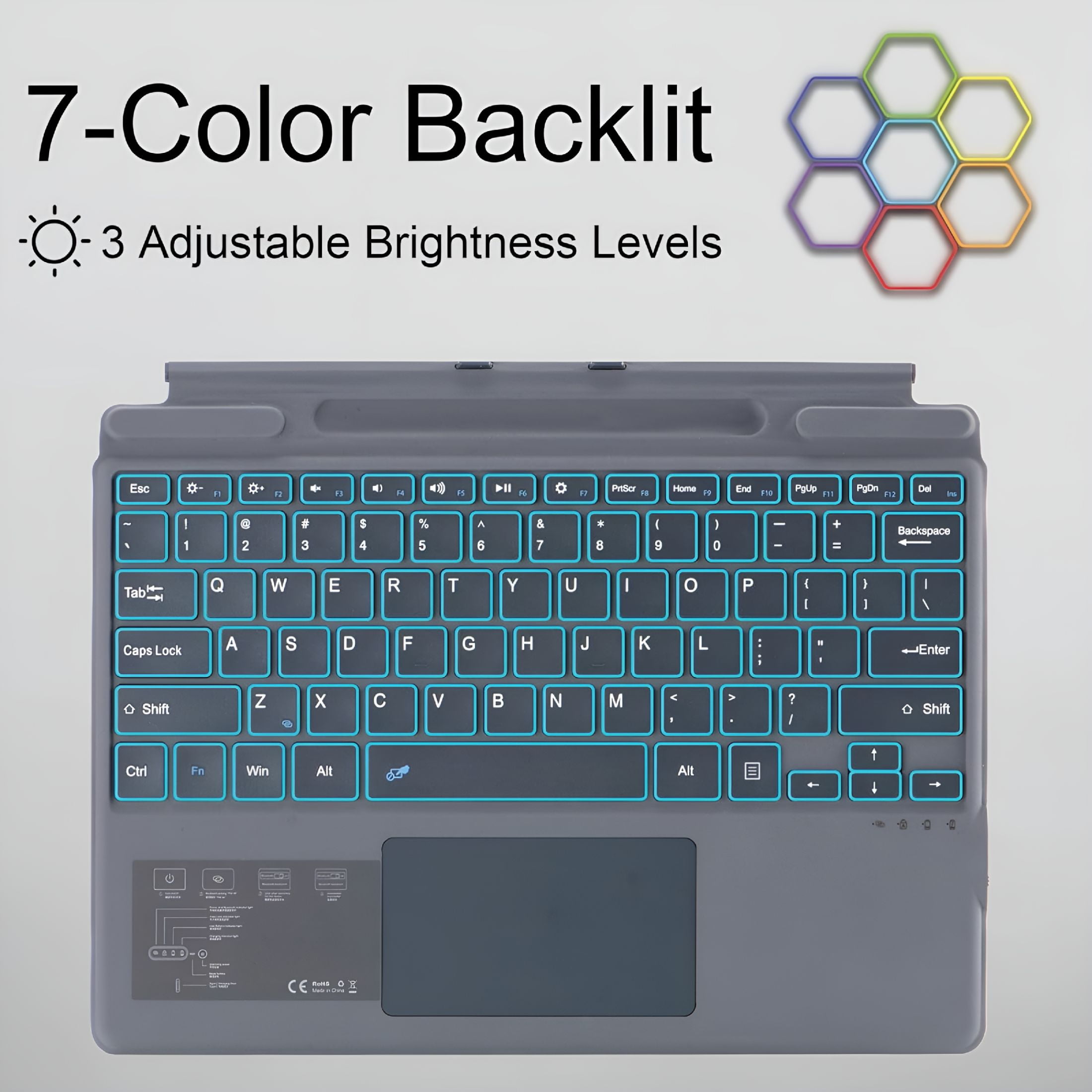 GJX 2026 New Wireless Bluetooth Keyboard for Surface Pro 3 4 5 6 7 / 8 9 10 X-Type-C Interface with Colorful Backlight for Office,Home Use,Travel,Work,Study