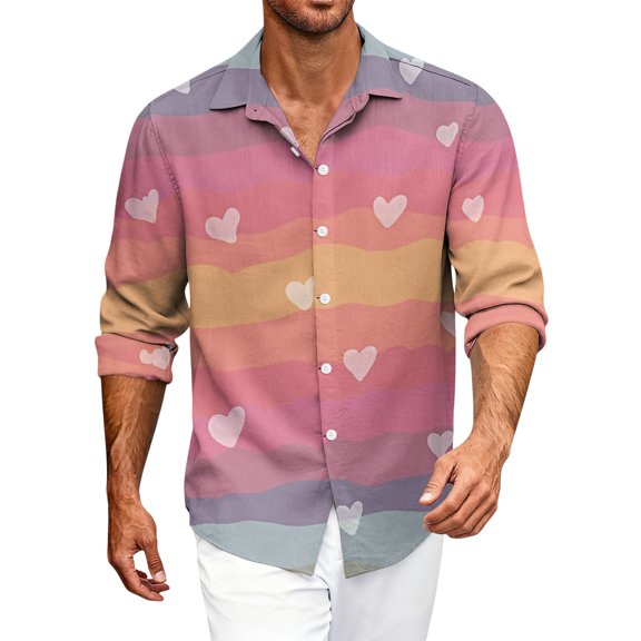 Fgvctg Mens Valentine's Day Shirts Button Down Cotton Long Sleeve Shirt Dressy Collared Blouse Date Day Love Heart Print Oversized Business Casual Outfits Vermilion XL