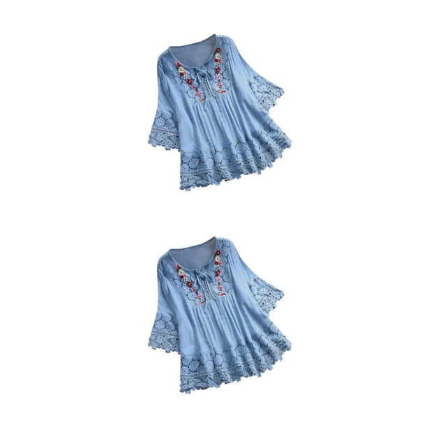 Top Vintage Qarigey para mujer blusa cuello en V azul L